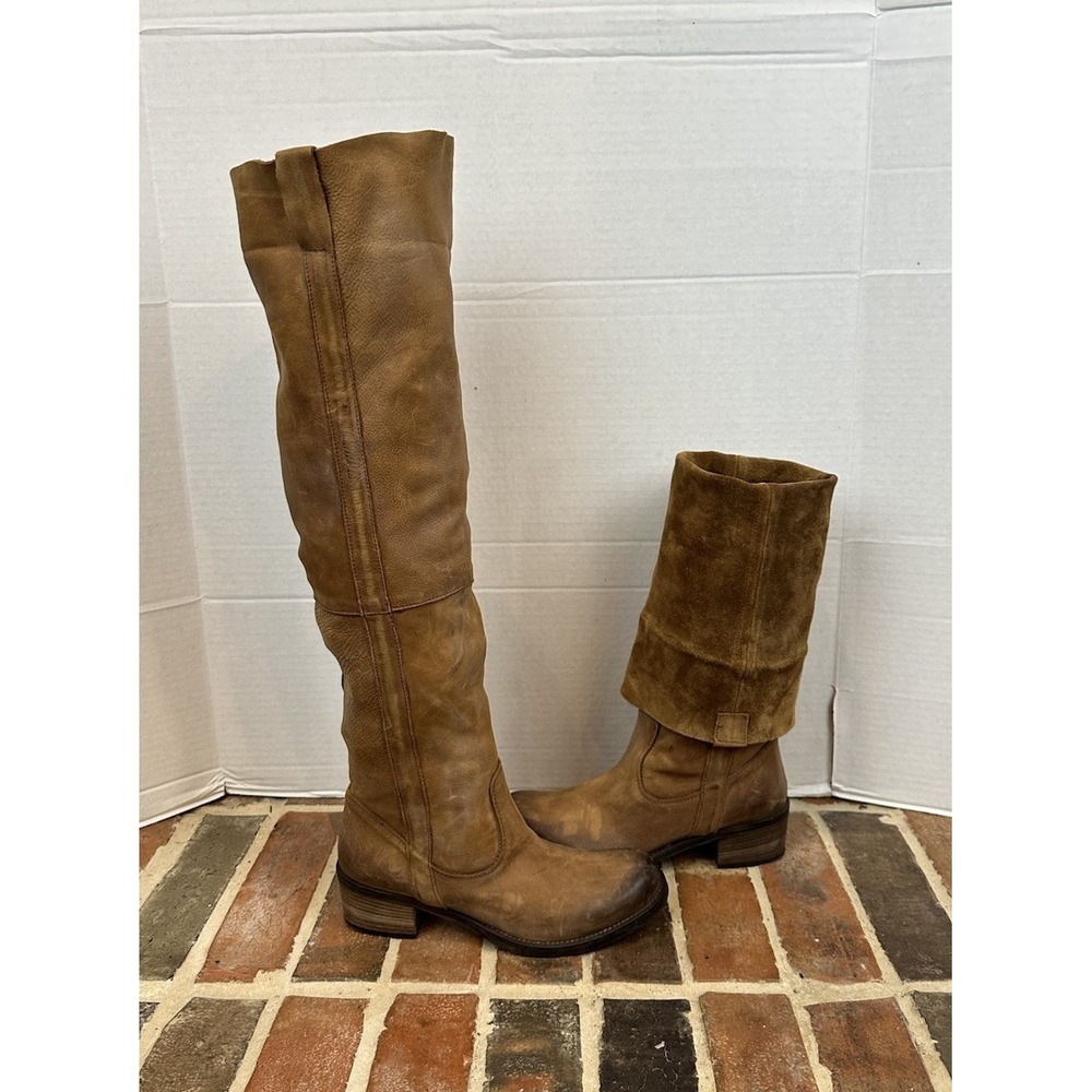 Y2K Steven Distressed Leather Boots Tall Foldable Artisan Rugged Chic Women 8.5